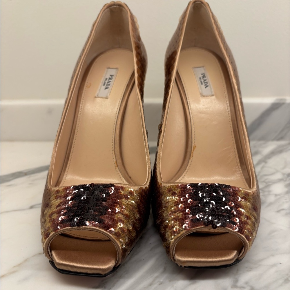 Prada Brown High Heels open toe with Sequins - Picture 2 of 5